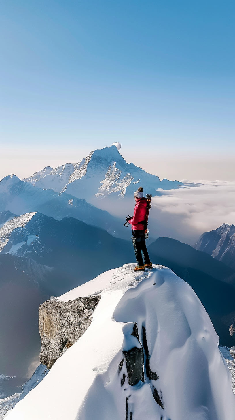 身穿红衣的运动人物站在雪山之巅的画面