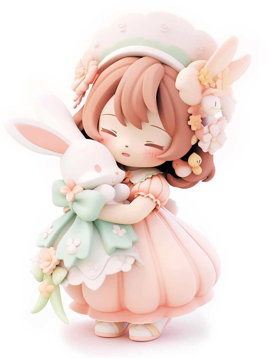 可爱少女抱白兔玩偶的粉色系3D形象