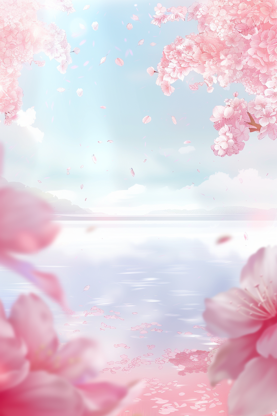 粉色樱花飘落湖泊边的浪漫风景壁纸