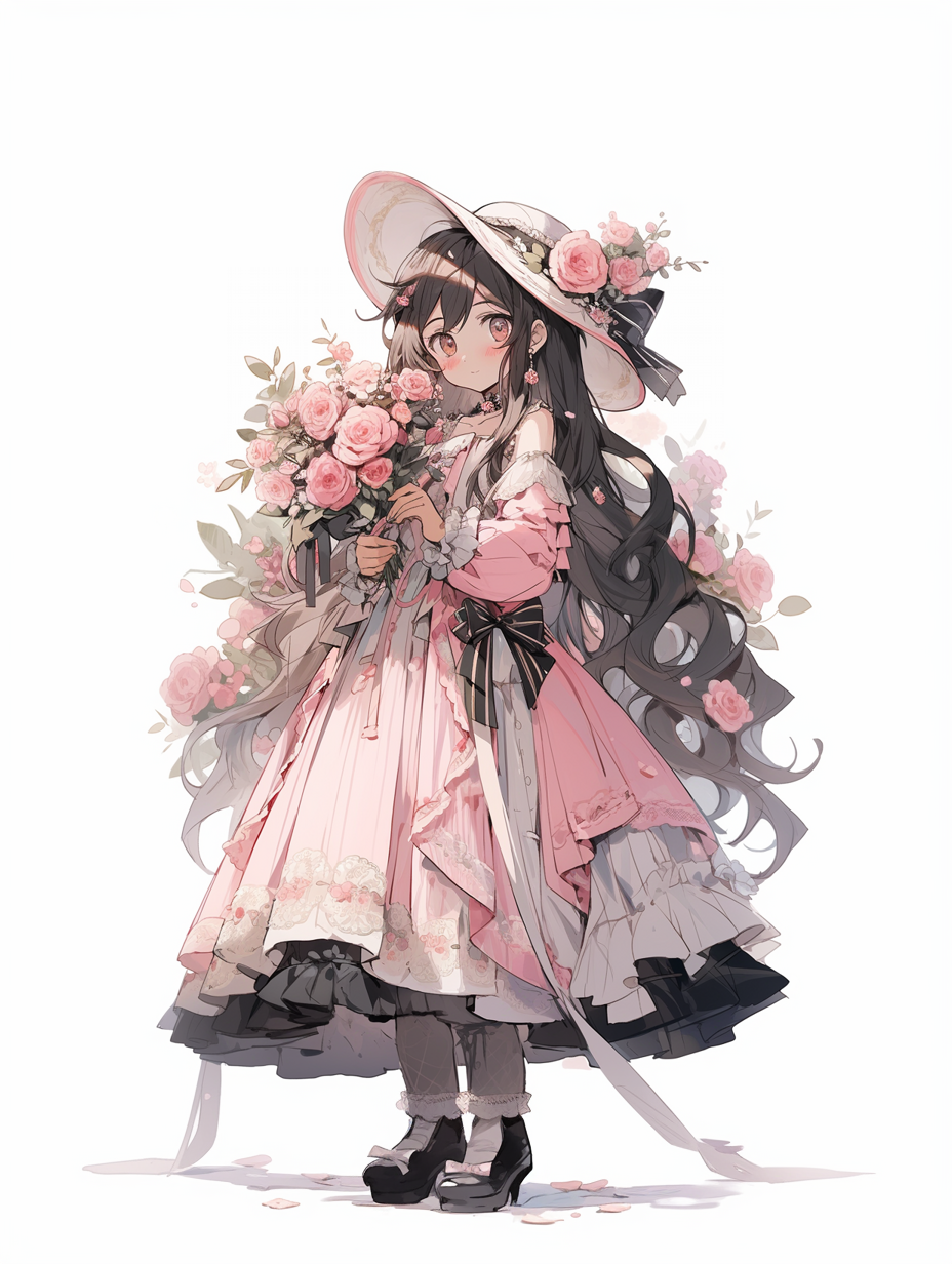 手持鲜花的优雅女孩 浪漫唯美插画壁纸