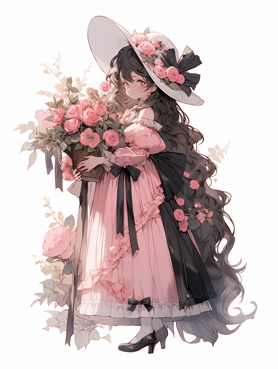 手持花束的优雅女士浪漫唯美插画壁纸