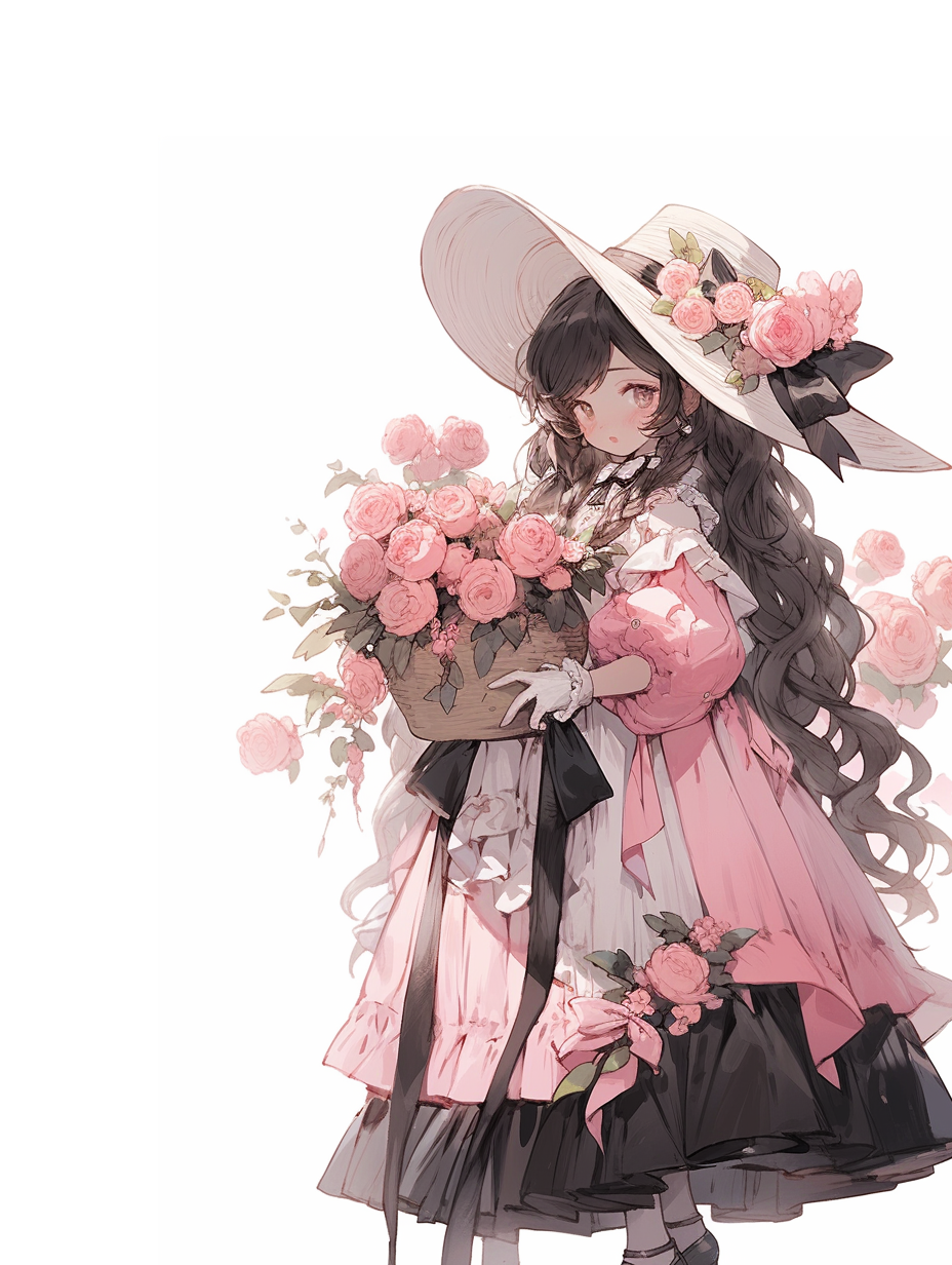 头戴花帽手持花篮可爱少女形象壁纸