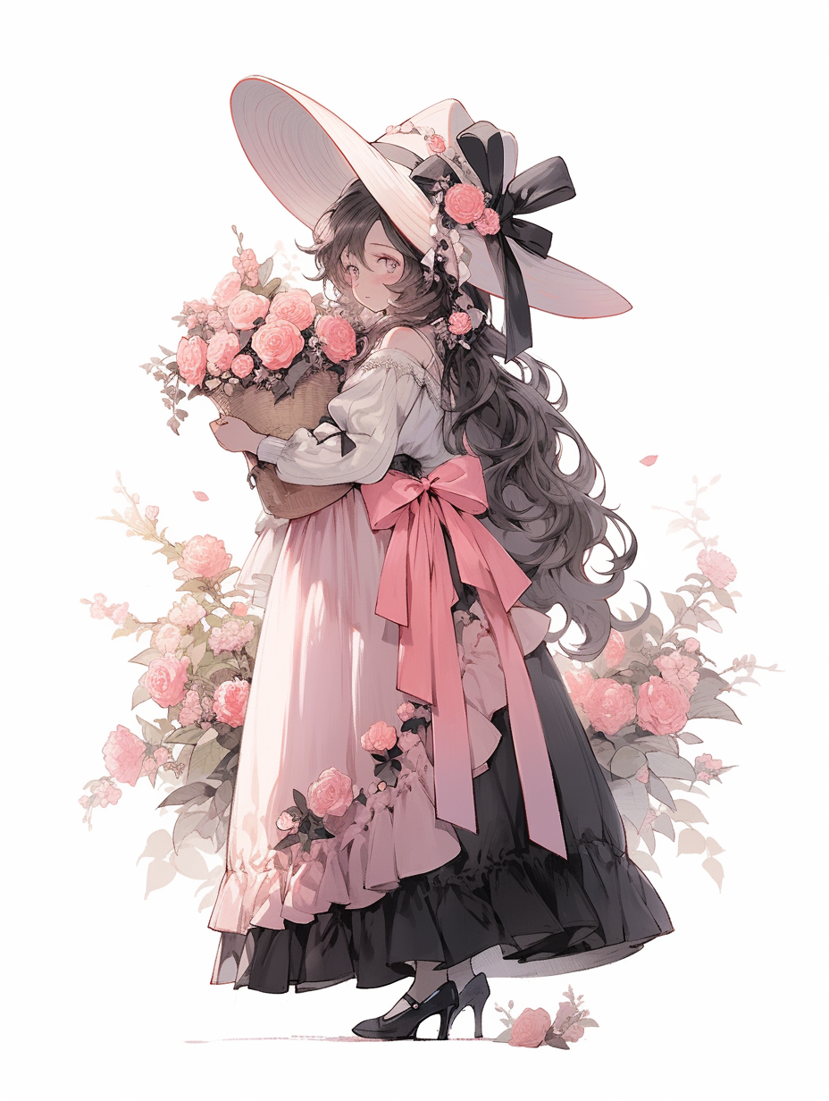 手持鲜花的优雅女子唯美插画壁纸
