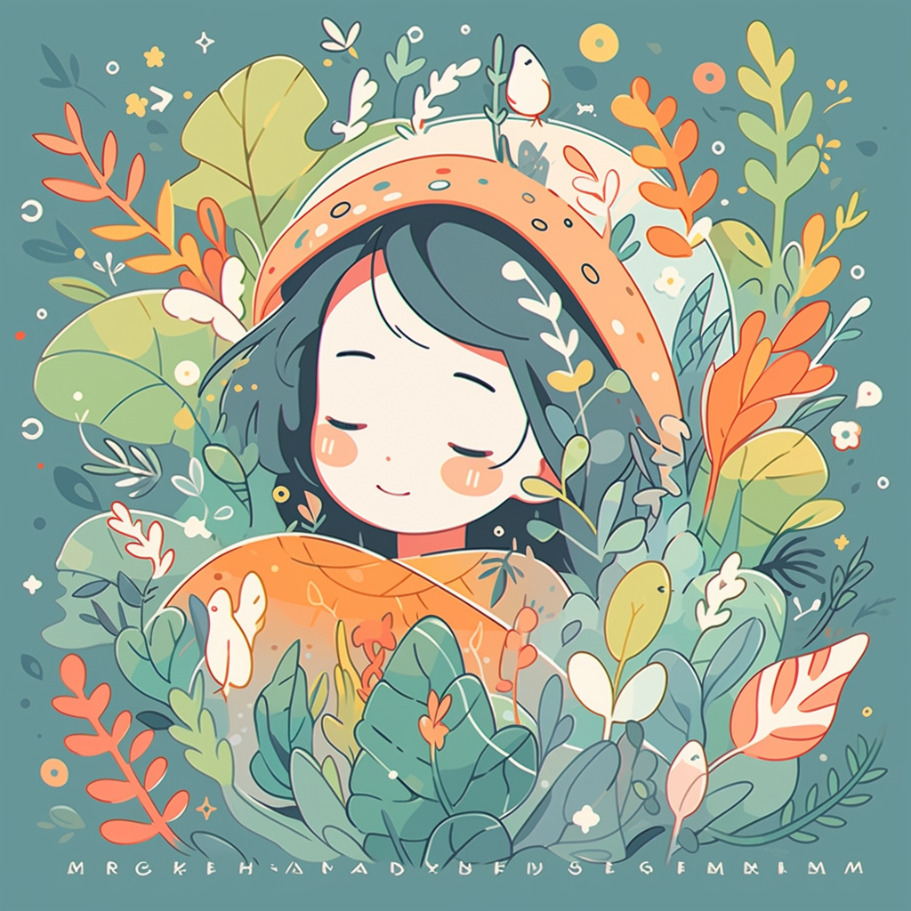 可爱女孩置身绿植间的清新插画壁纸