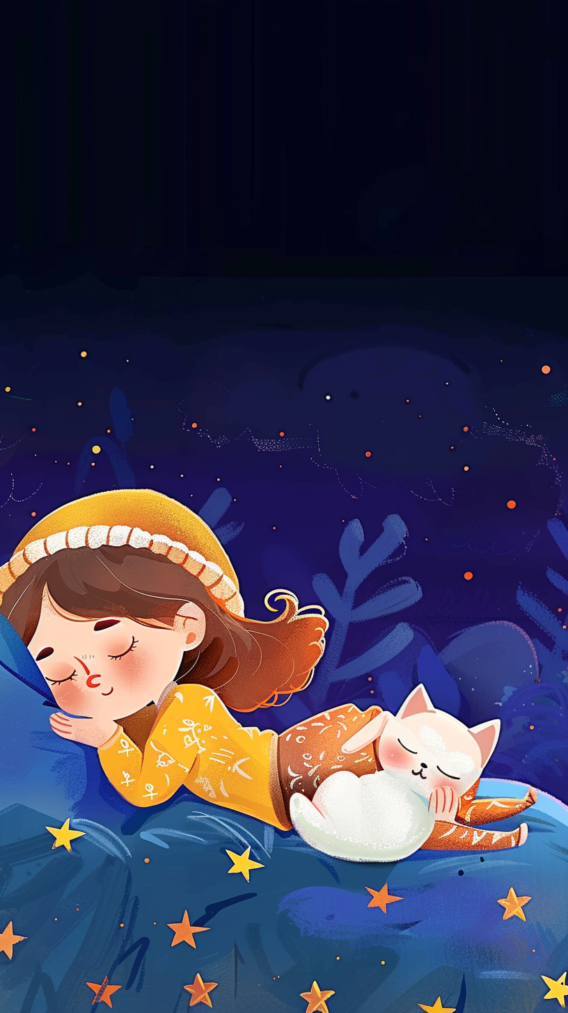 可爱女孩与猫咪同眠的温馨壁纸