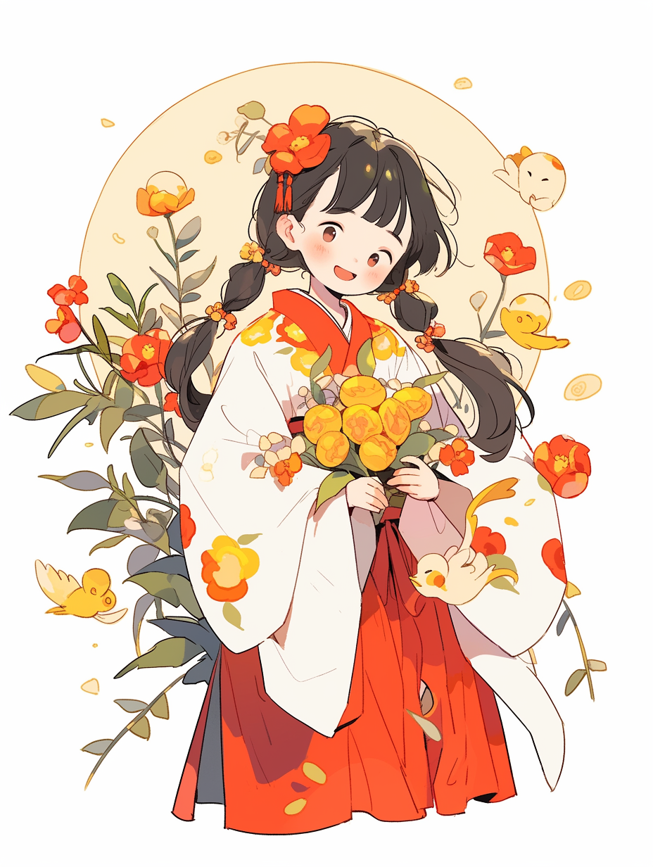 身着和服手持花束的可爱少女形象插画
