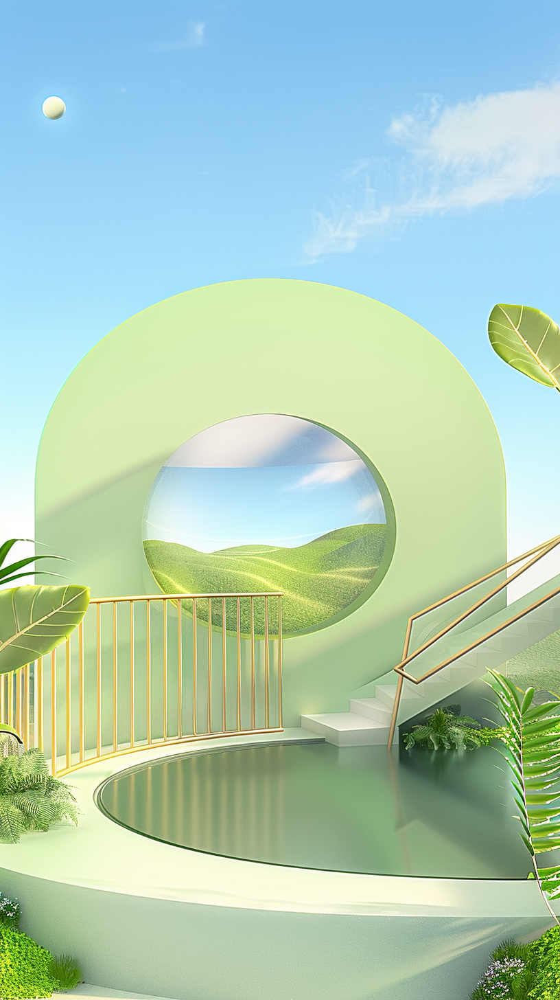 清新绿植环绕的创意几何背景