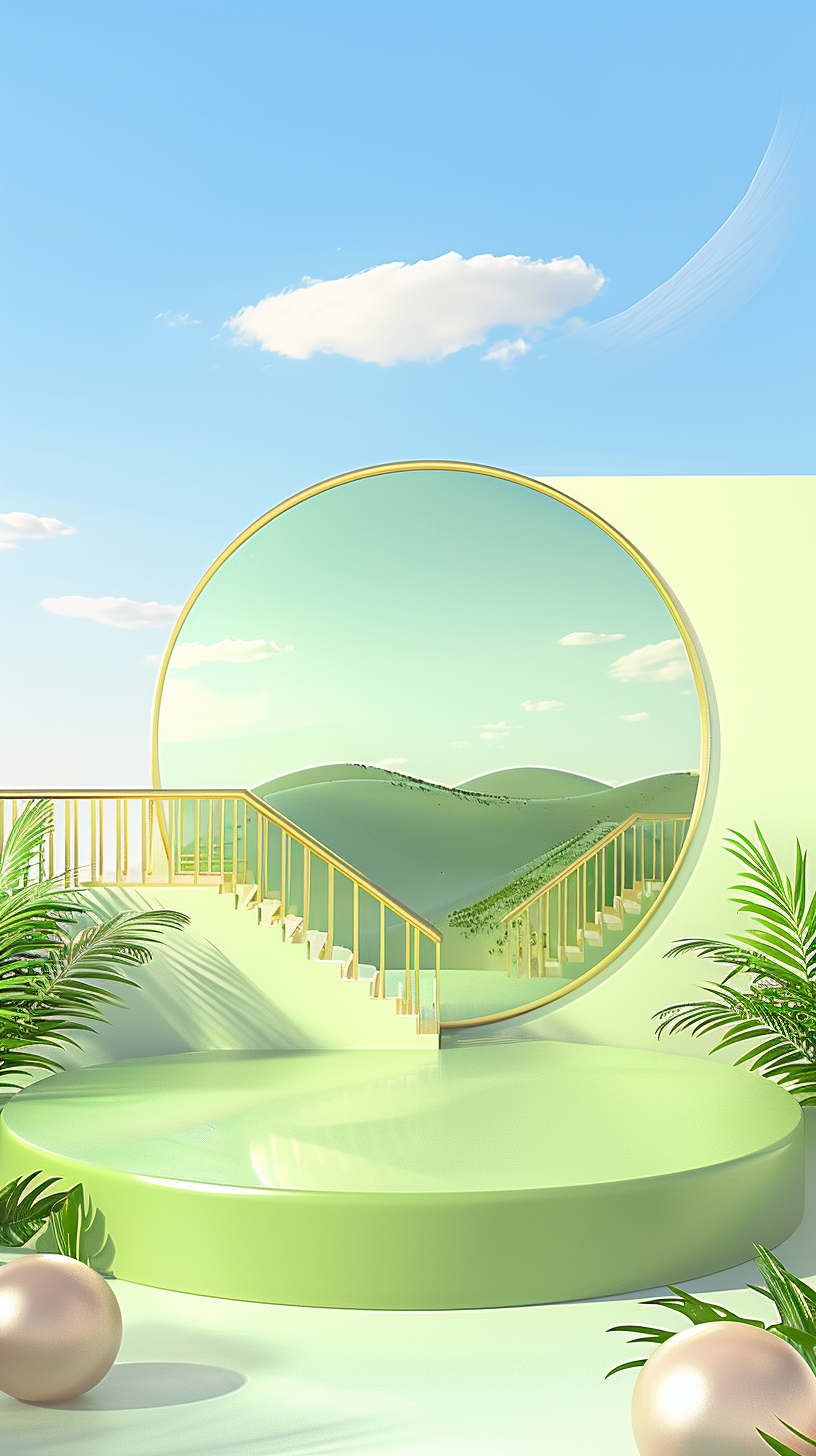 清新绿植环绕的圆形镜中美景展示背景图