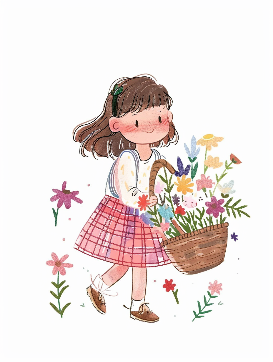 可爱女孩手提花篮的清新插画壁纸