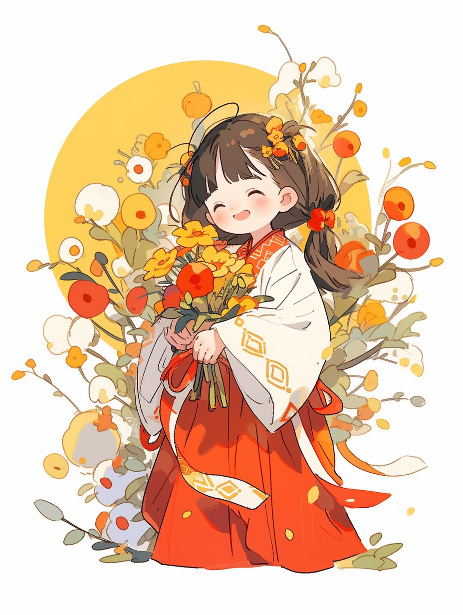 可爱古装女孩抱花插画壁纸
