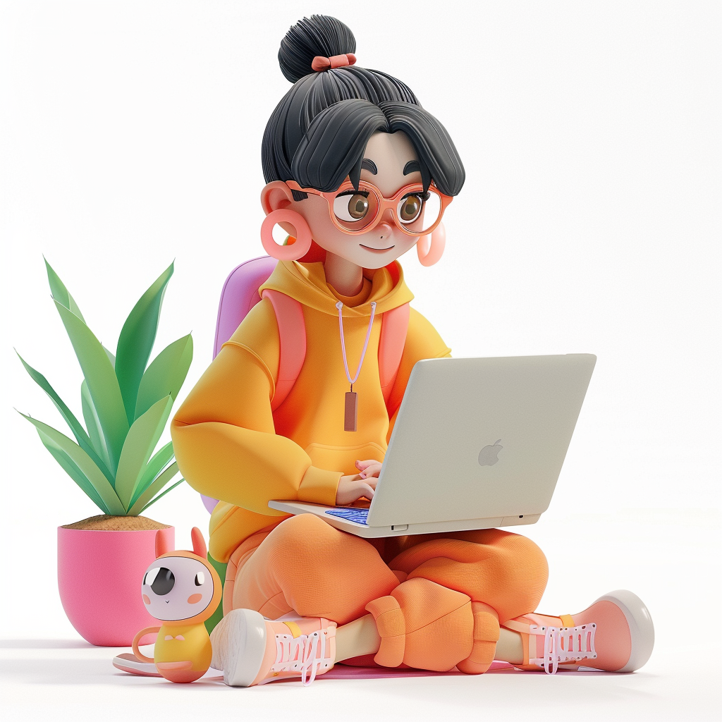 可爱少女使用笔记本电脑的3D创意形象