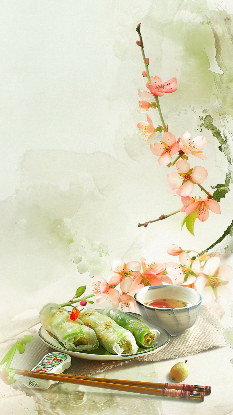 清新春景配春卷传统中式美食文艺范