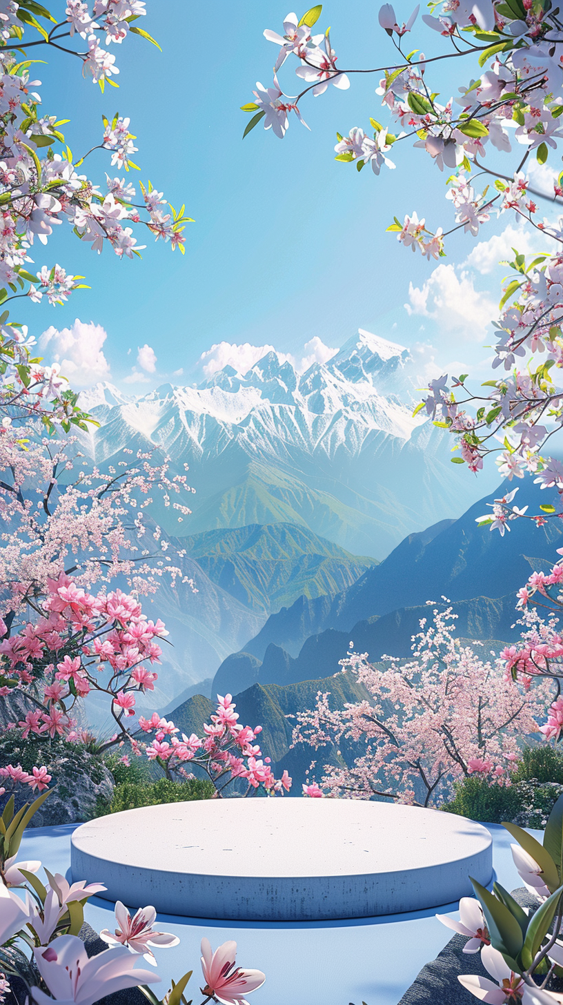雪山樱花美景中的圆形平台展示素材