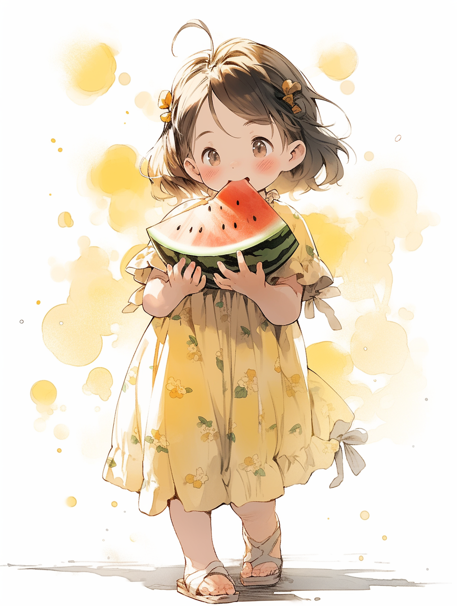可爱女孩手持西瓜的清新插画形象