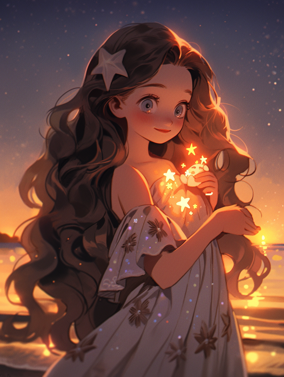 长发女孩身着星裙宛如梦幻精灵壁纸