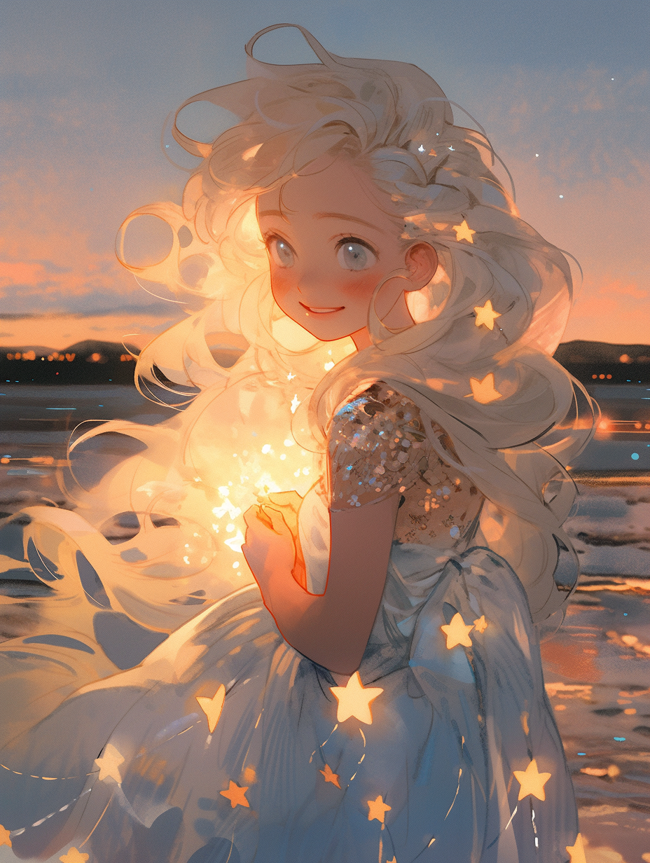 梦幻星光照亮长发女孩唯美形象插画