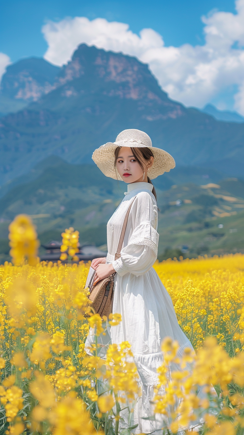 身穿白衣的女子站在油菜花田中赏景
