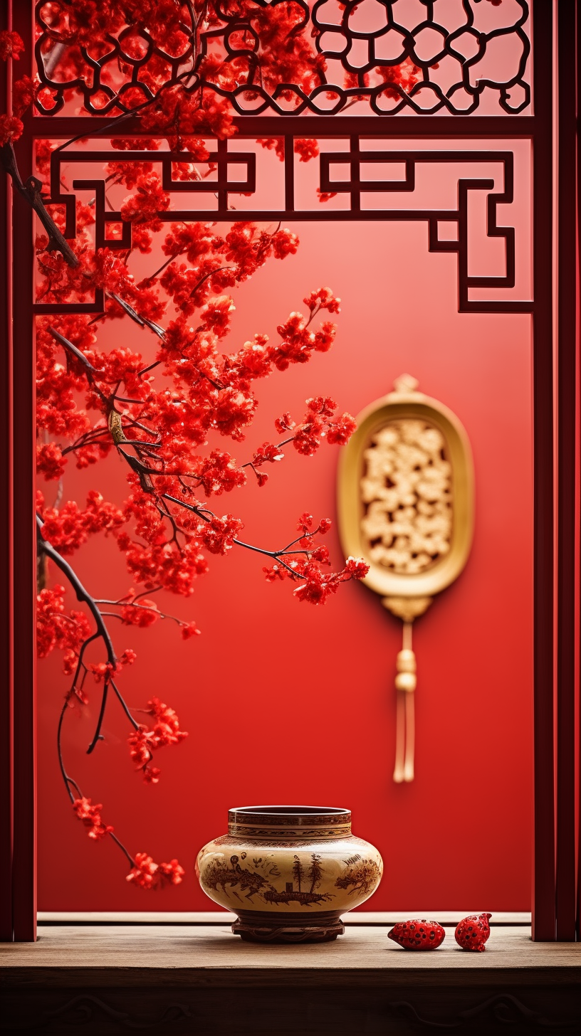 中国风红色背景中式窗棂梅花装饰图