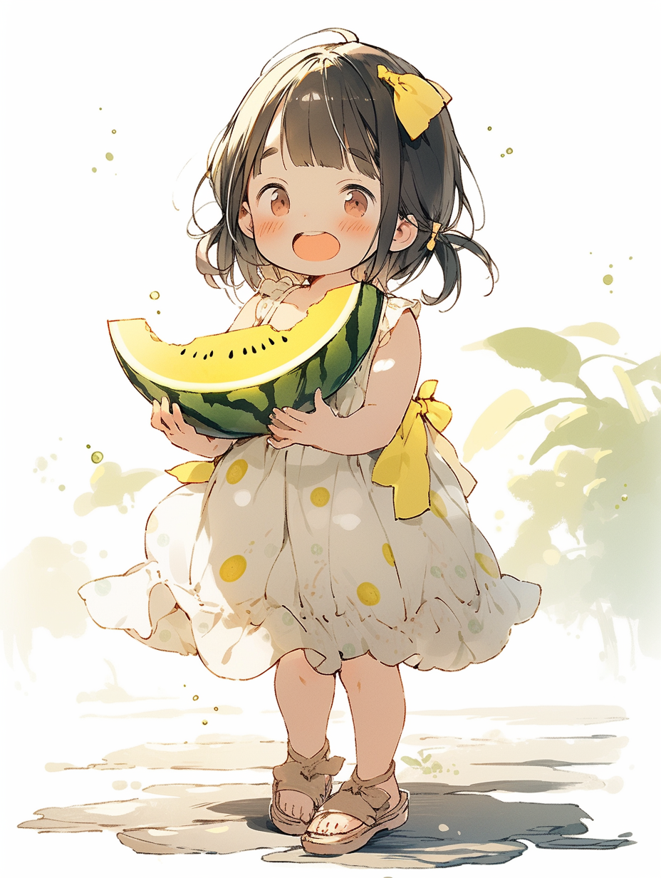 可爱小女孩手持西瓜的清新插画壁纸