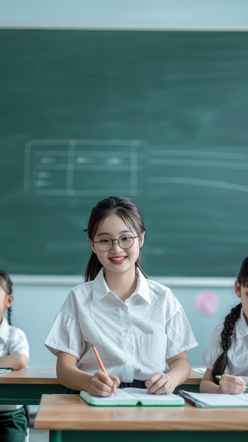 身穿校服的学生在教室认真写字