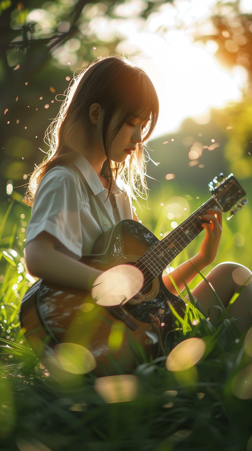 文艺少女草地中弹吉他的清新壁纸