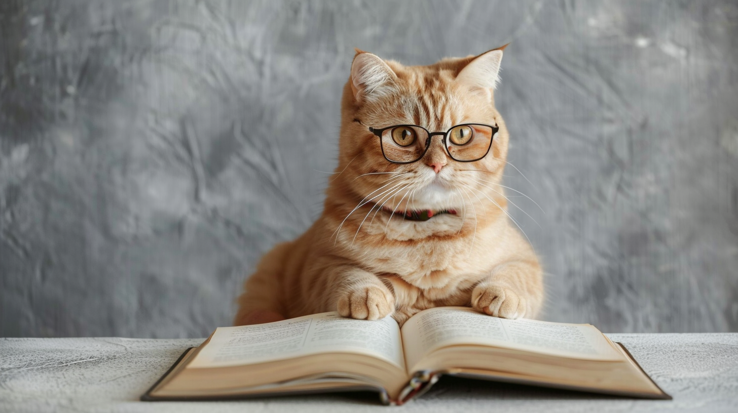 戴眼镜的猫咪趴在书本可爱