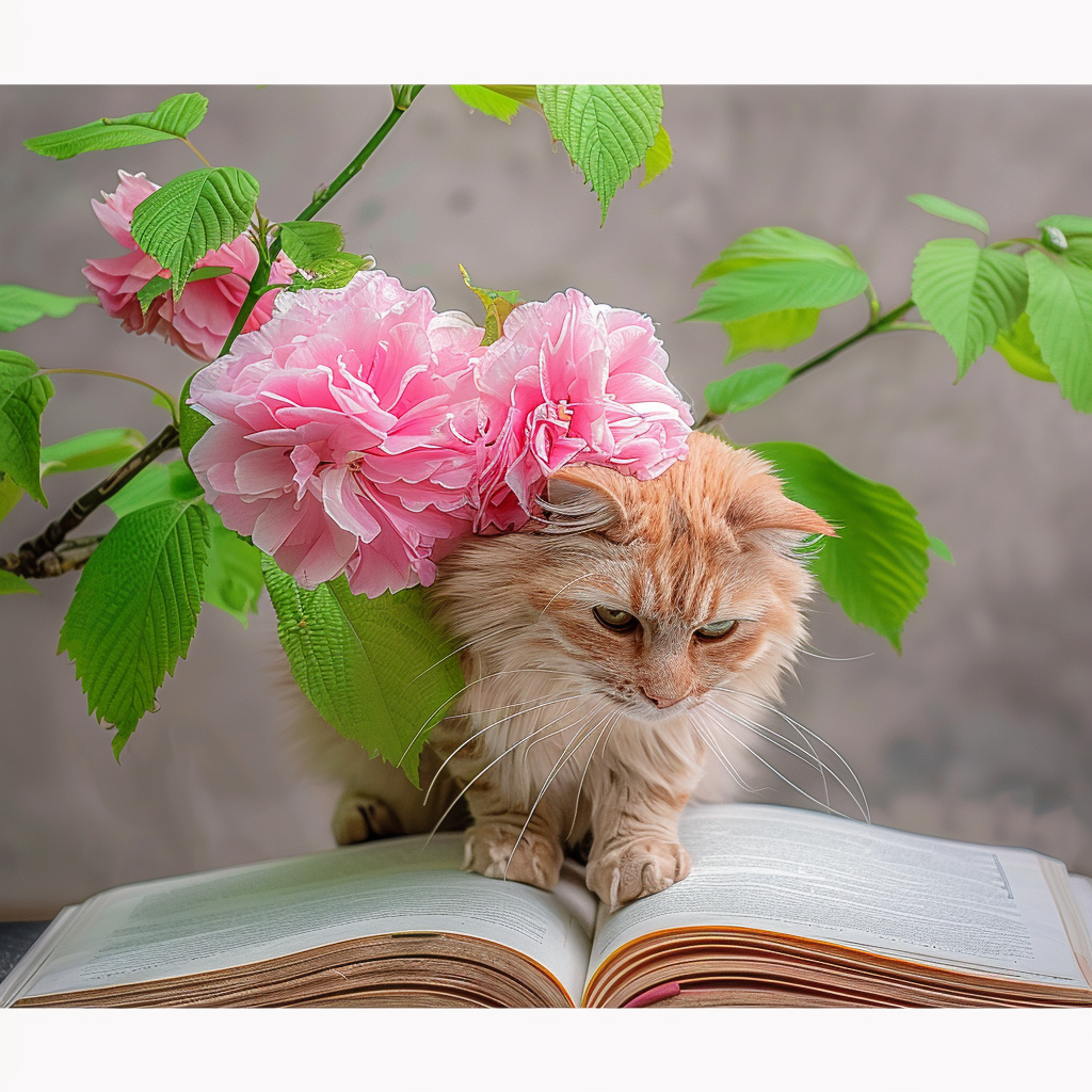 可爱猫咪与鲜花相伴于书本之上温馨画面