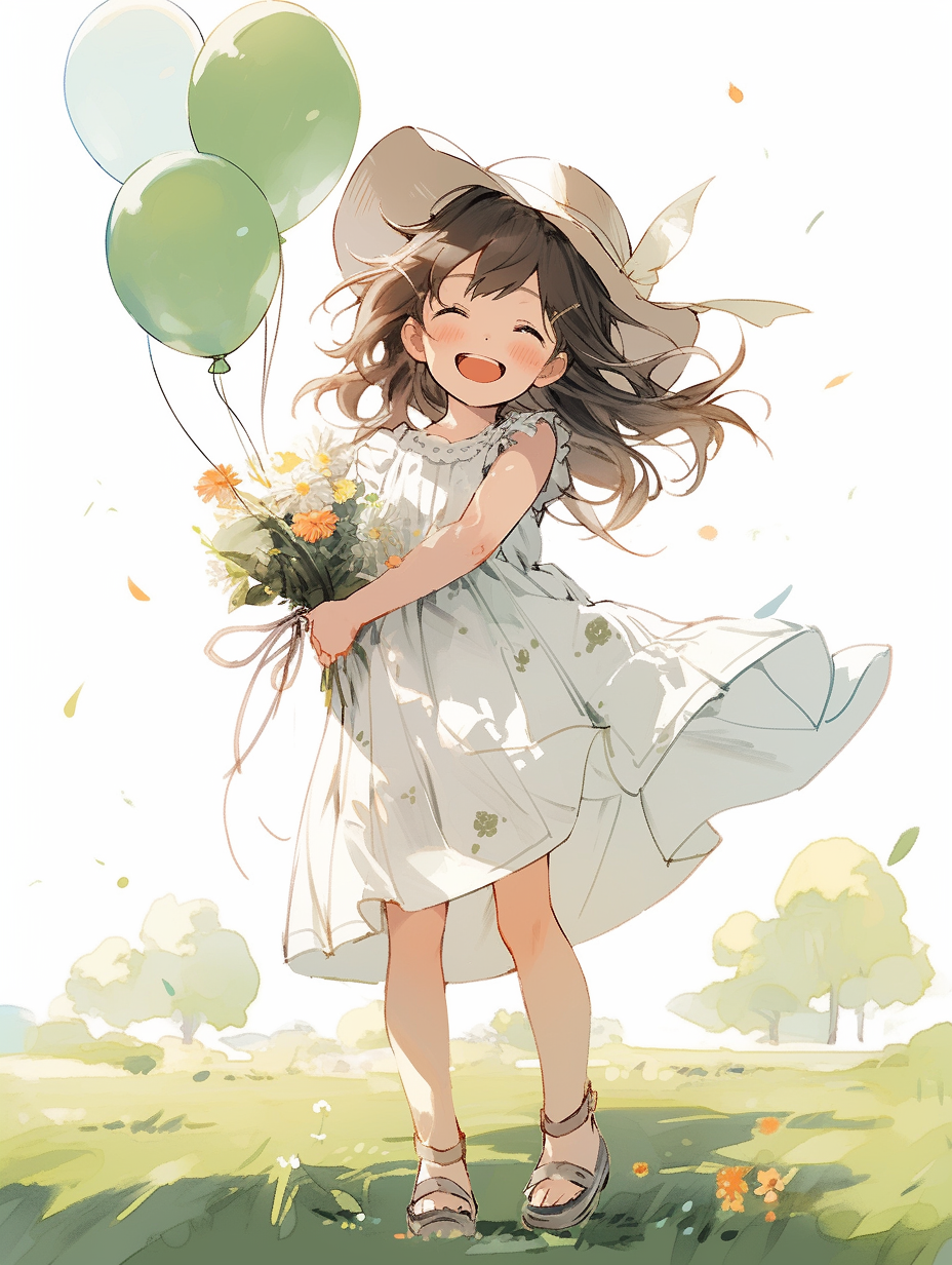 可爱女孩手持花束气球的清新插画海报