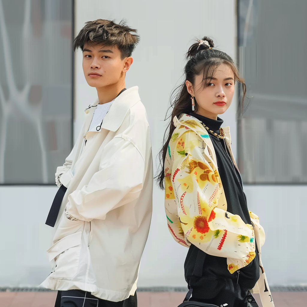 时尚男女穿搭展示，潮流服饰箱包宣传图