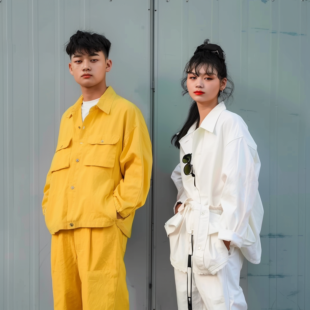 穿着时尚工装风服饰的男女模特展示图