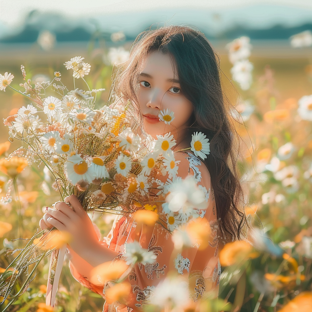 手持鲜花的女子唯美鲜花壁纸素材