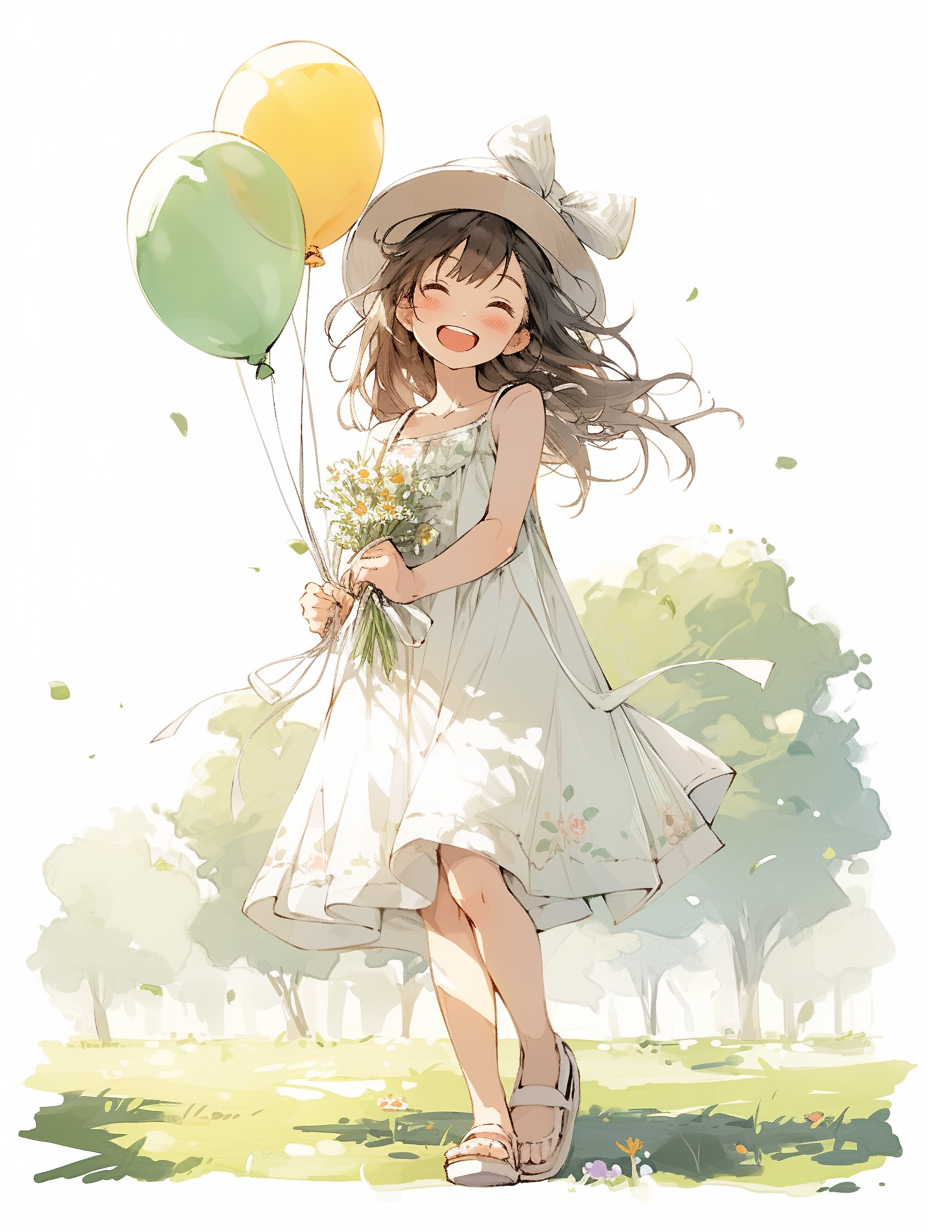 手持花束气球的女孩 清新可爱壁纸