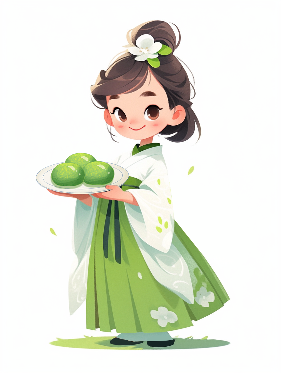 古装女子手持青团 清新可爱的传统美食图