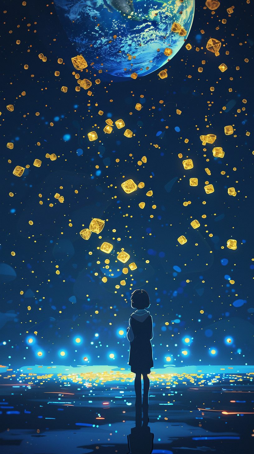 女孩仰望星空放飞孔明灯的唯美壁纸