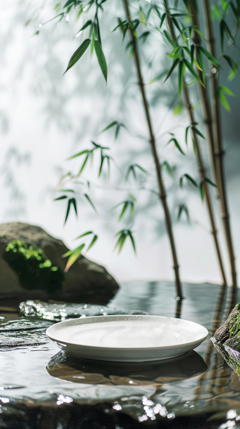 清新竹林水边景白色瓷盘雅致风情