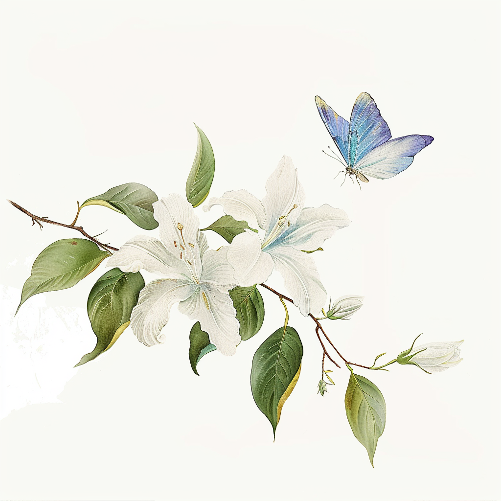 蓝蝶伴白花清新手绘风格花卉图惹人爱