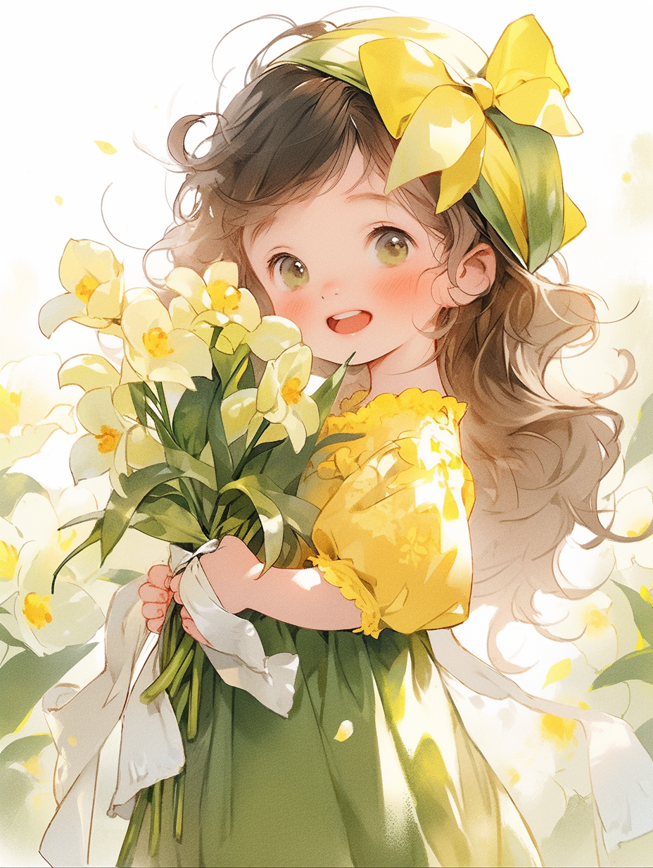 手持鲜花的可爱女孩形象壁纸