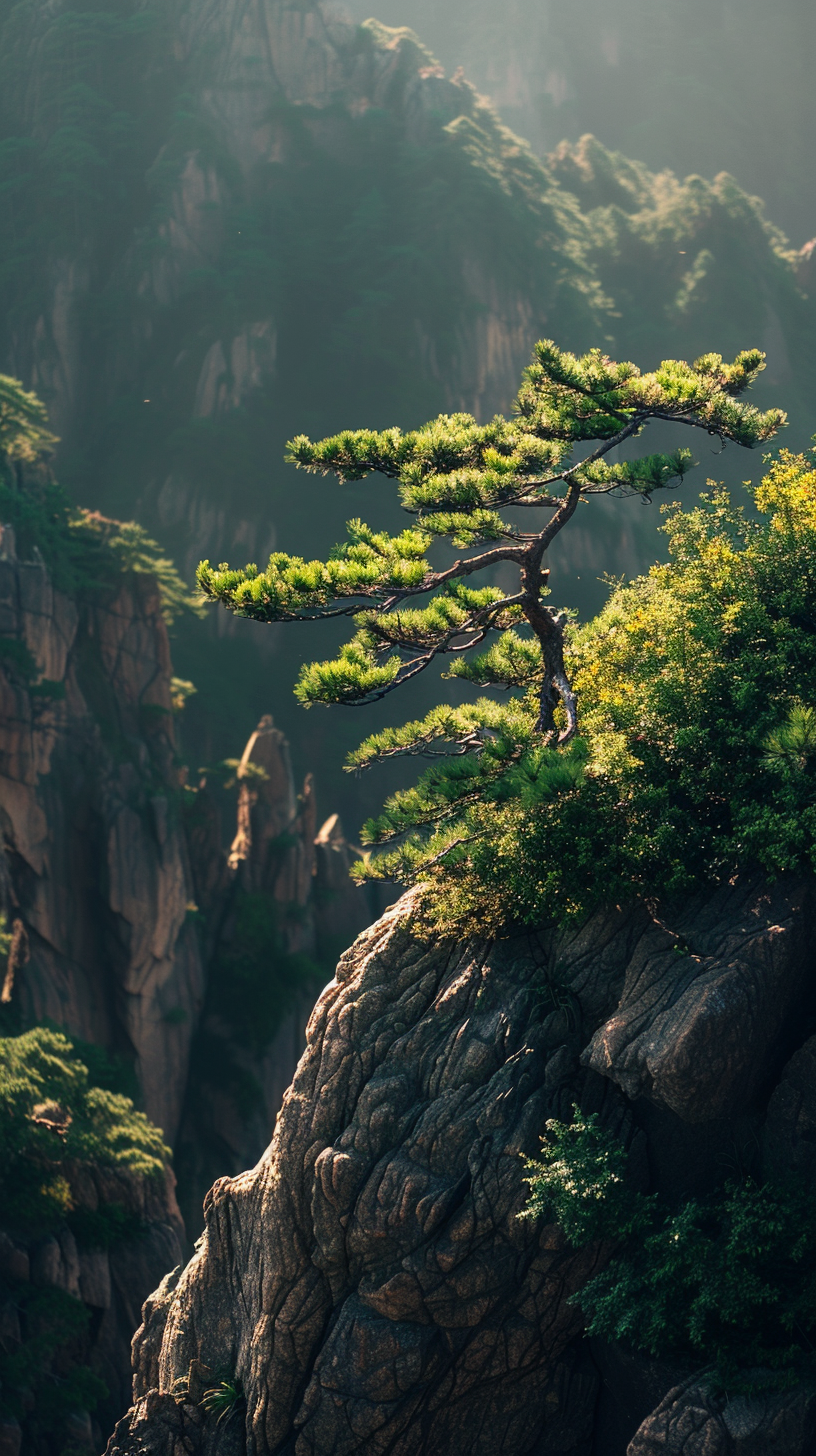 悬崖峭壁上的松树独特自然风景壁纸