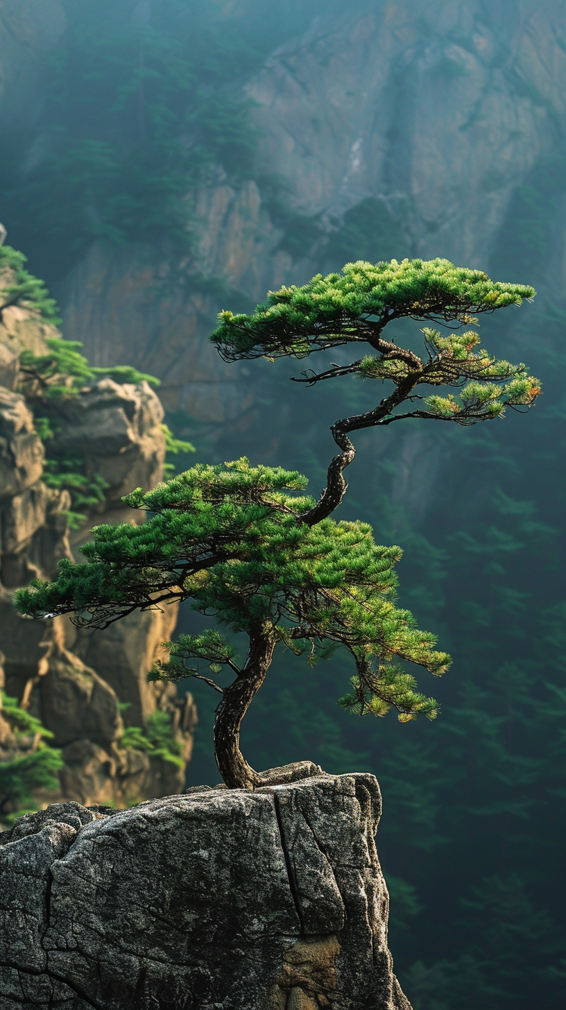 悬崖上的顽强松树 震撼自然景观壁纸