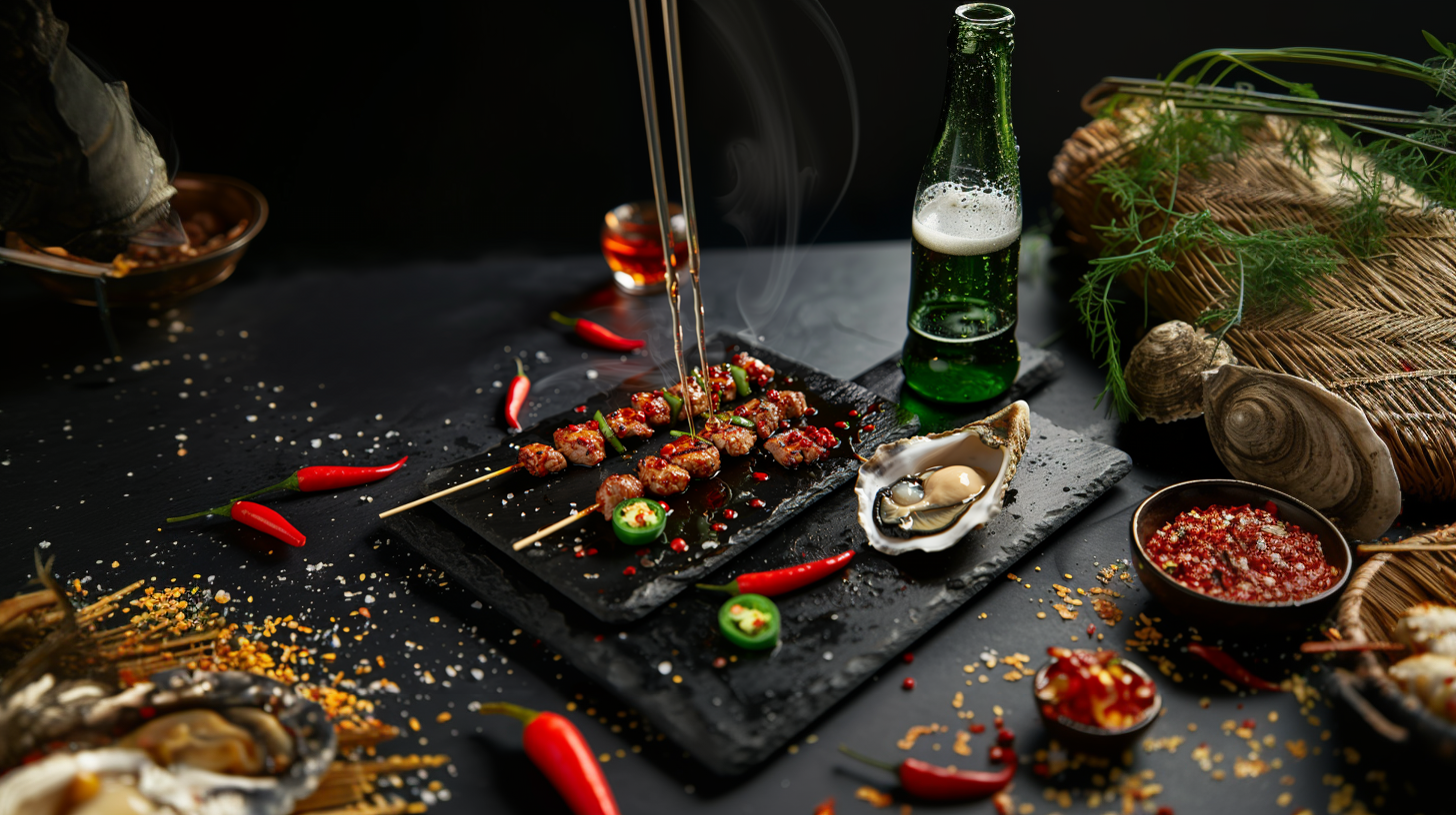 美味烧烤搭配啤酒的诱人美食宣传海报