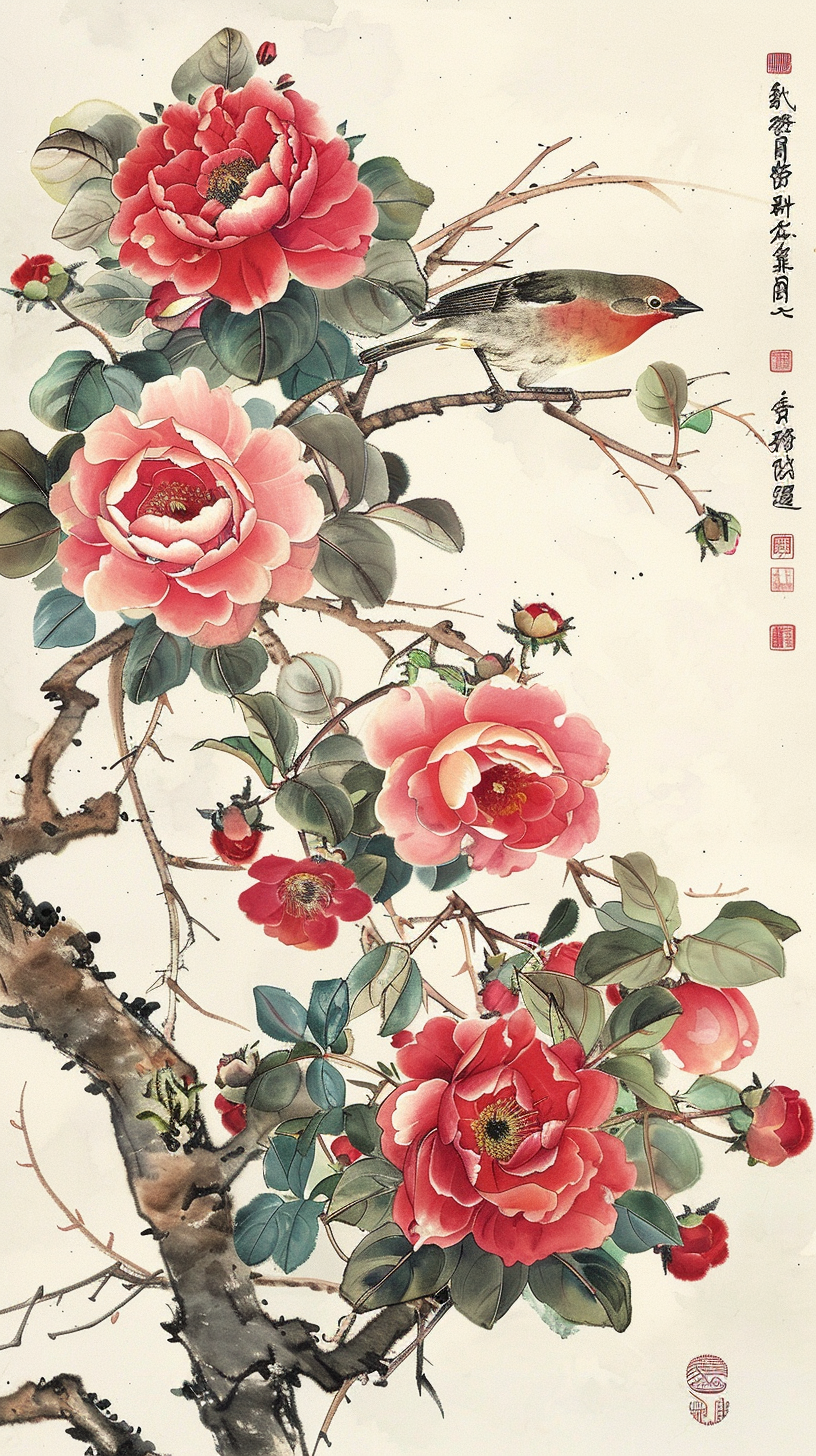 娇艳山茶花图 赏花鸟中式艺术画作