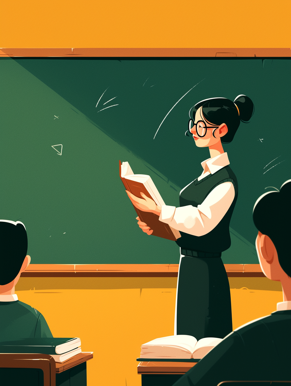 教师手持书本于教学场景中认真授课形象