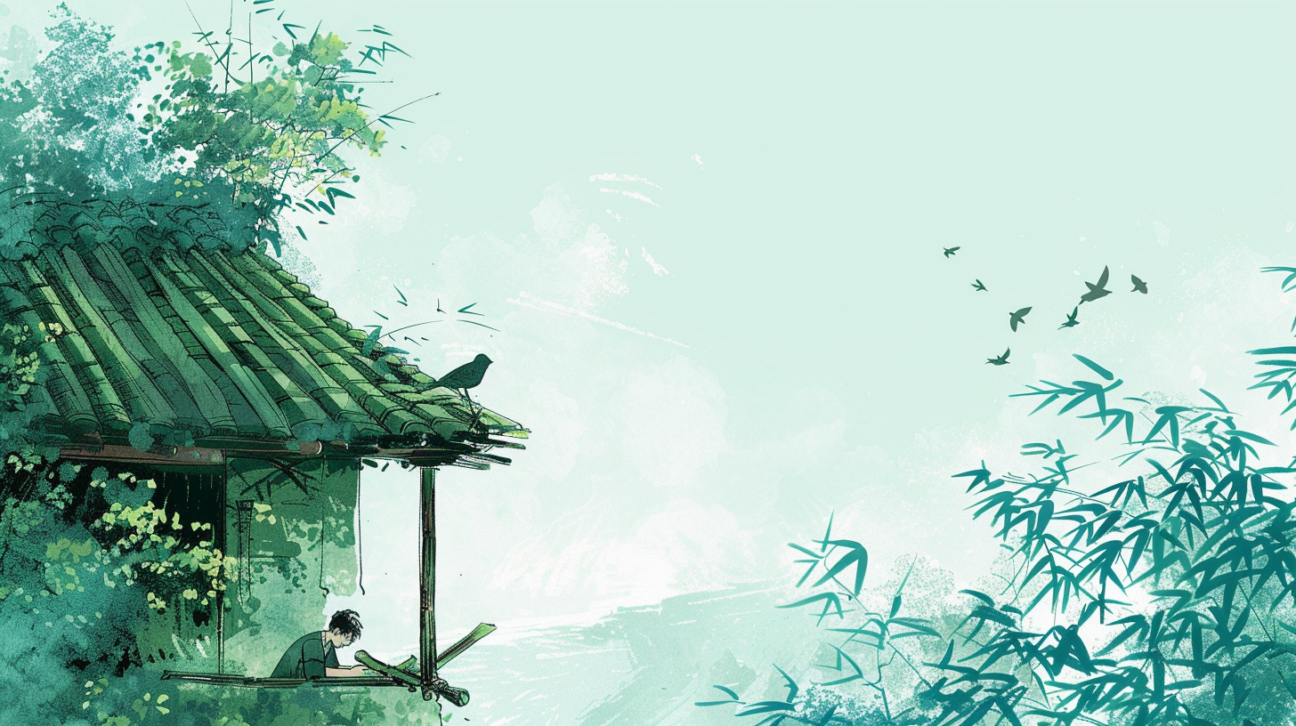 古雅小屋旁绿植环绕的清新壁纸