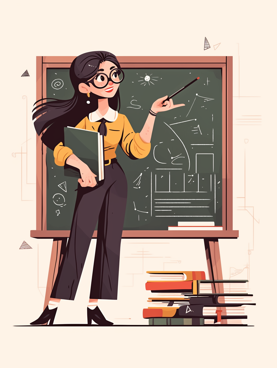 女教师手持书本站黑板前教学场景图