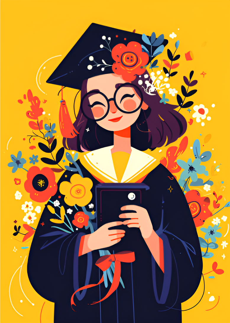 头戴学士帽手持平板的毕业学生形象插画