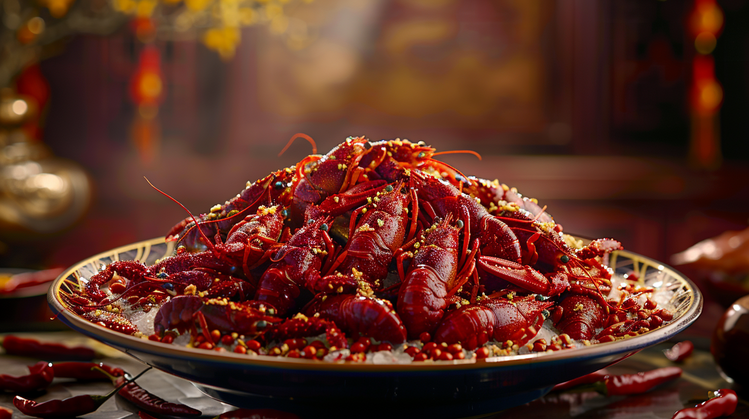 一盘鲜香诱人的麻辣小龙虾美食宣传物料