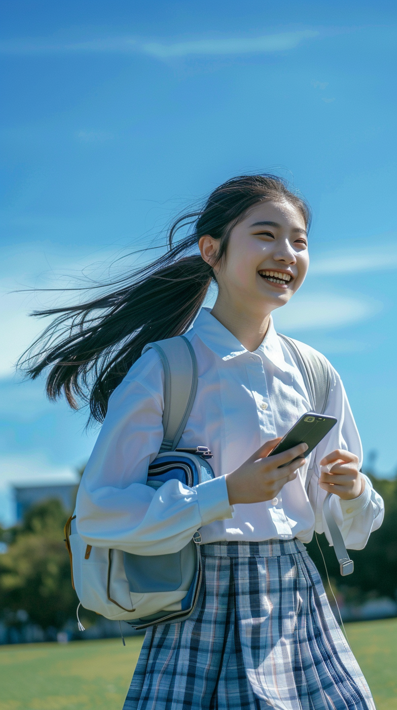 身穿校服的学生手持户外漫步的画面