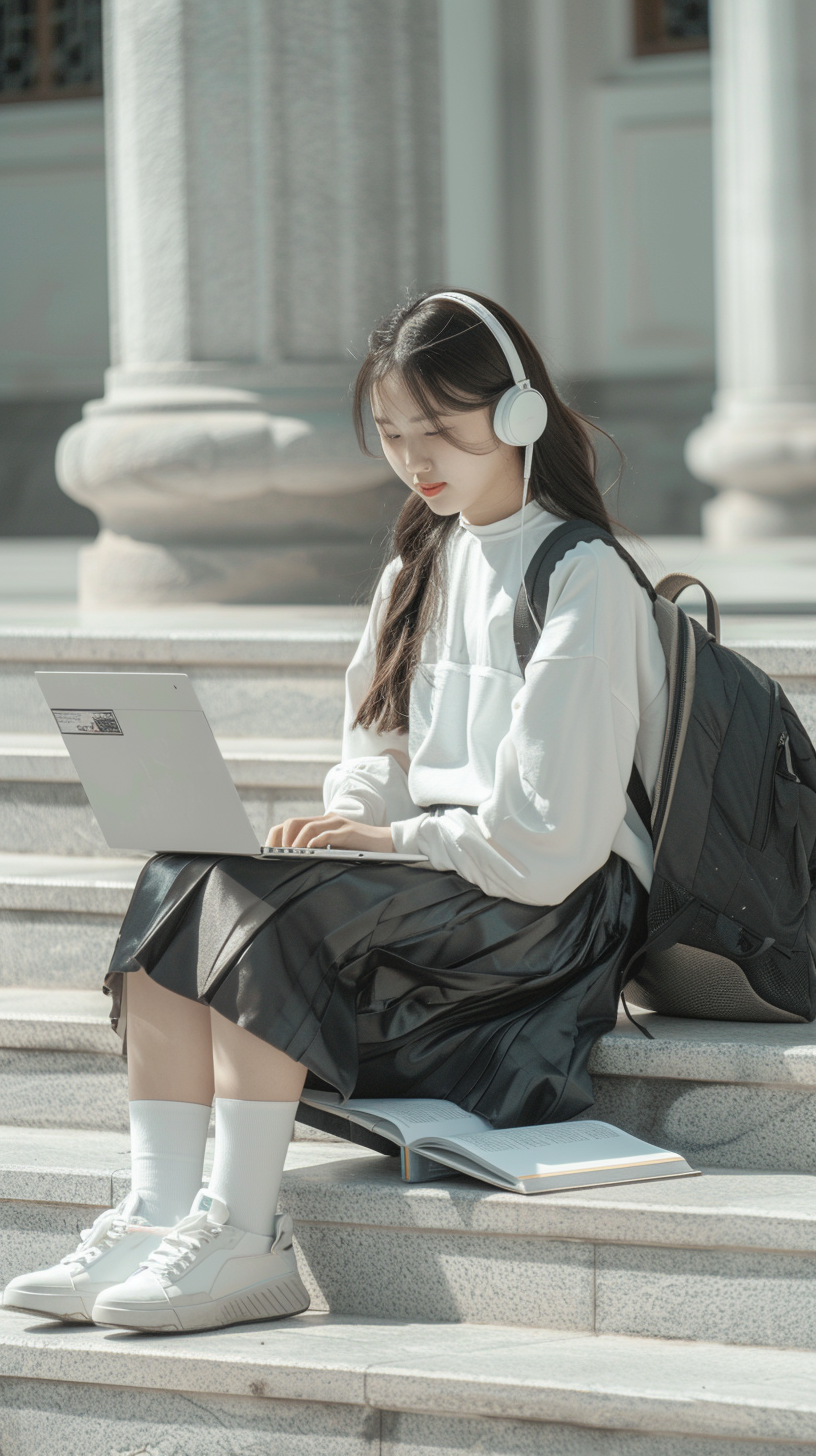 戴耳机女生坐台阶用笔记本电脑认真学习