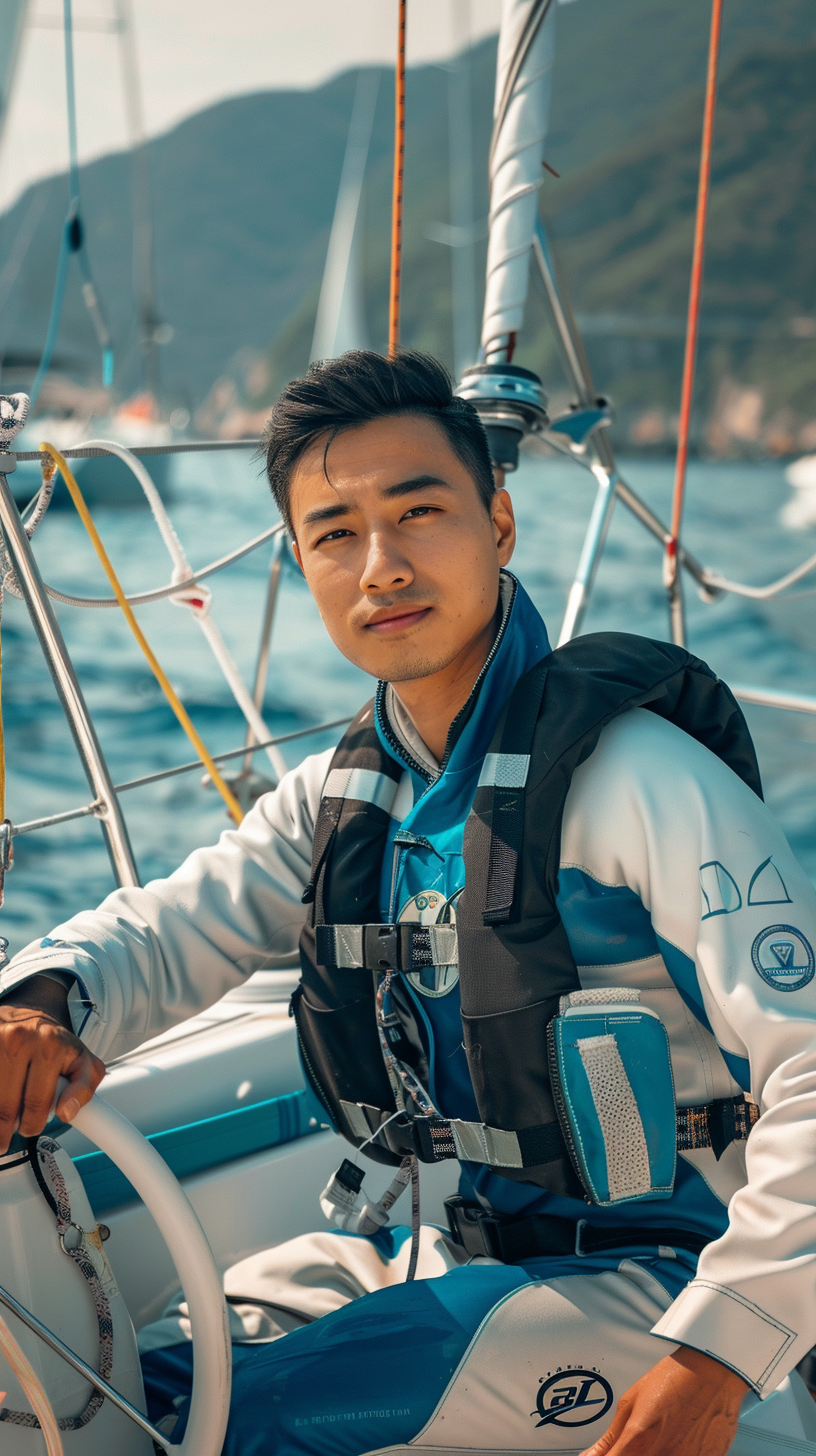运动人物身着帆船服在海上航行