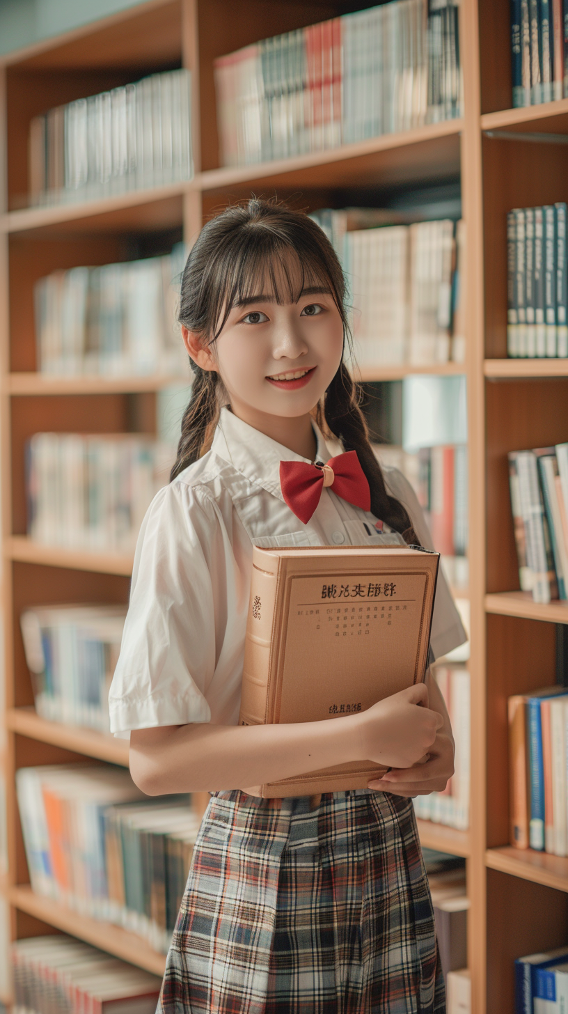 身着校服的学生手捧书本在书架前阅读